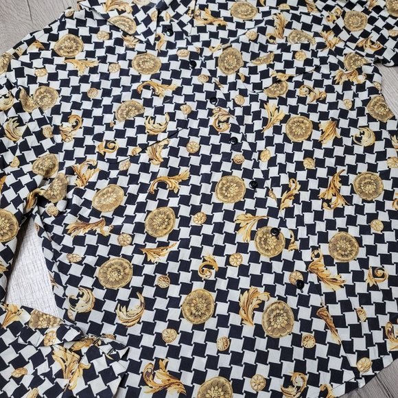 vintage Alexander silk checkered gold ornate long sleeve button up shirt size 48 - Picture 5 of 6